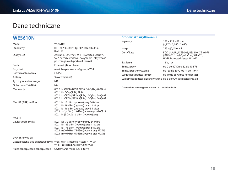 Dane techniczne, Wes610n, Wes610n 18 | Cisco WES610N User Manual | Page 355 / 546