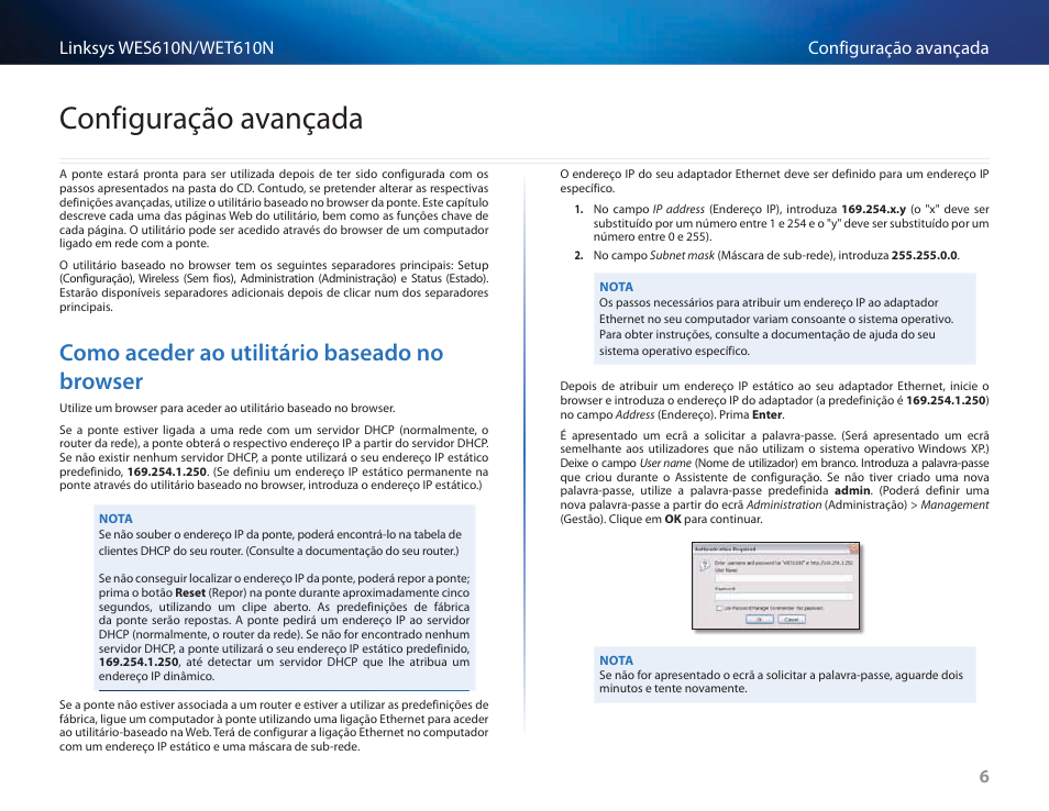 Configuração avançada, Como aceder ao utilitário baseado no browser, Como aceder ao utilitário baseado no browser 6 | Cisco WES610N User Manual | Page 364 / 546