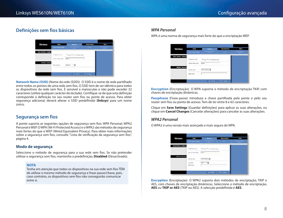 Definições sem fios básicas, Segurança sem fios | Cisco WES610N User Manual | Page 366 / 546