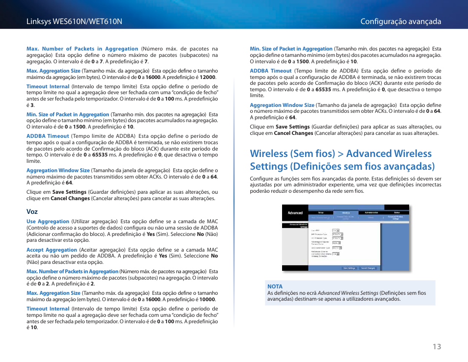 Wireless (sem fios) > advanced wireless settings, Definições sem fios avançadas) 13 | Cisco WES610N User Manual | Page 371 / 546