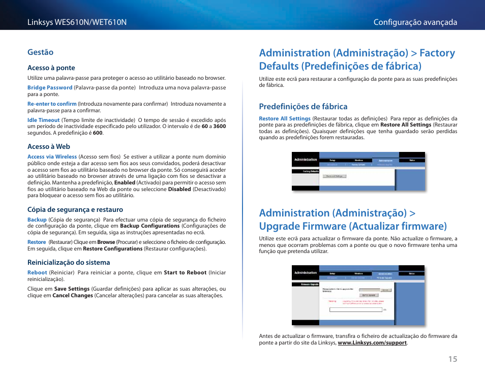 Gestão, Predefinições de fábrica, Administration (administração) > factory defaults | Predefinições de fábrica) 15, Administration (administração) > upgrade firmware, Actualizar firmware) 15 | Cisco WES610N User Manual | Page 373 / 546