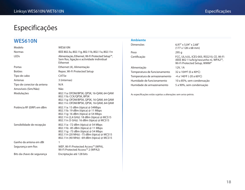 Especificações, Wes610n, Wes610n 18 | Cisco WES610N User Manual | Page 376 / 546