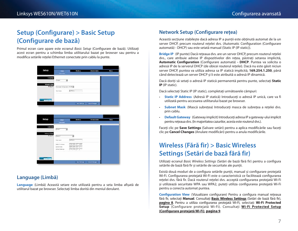 Language (limbă), Network setup (configurare reţea), Wireless (fără fir) > basic wireless settings | Setări de bază fără fir) 7 | Cisco WES610N User Manual | Page 386 / 546