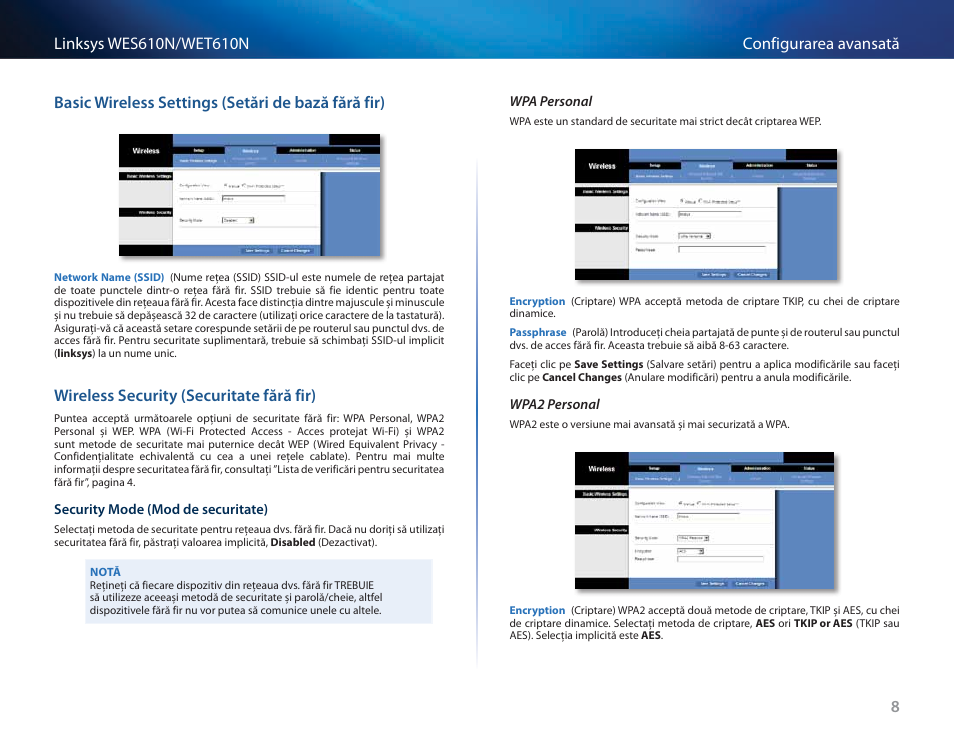 Basic wireless settings (setări de bază fără fir), Wireless security (securitate fără fir) | Cisco WES610N User Manual | Page 387 / 546