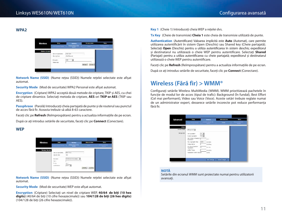 Wireless (fără fir) > wmm, Wireless (fără fir) > wmm® 11 | Cisco WES610N User Manual | Page 390 / 546