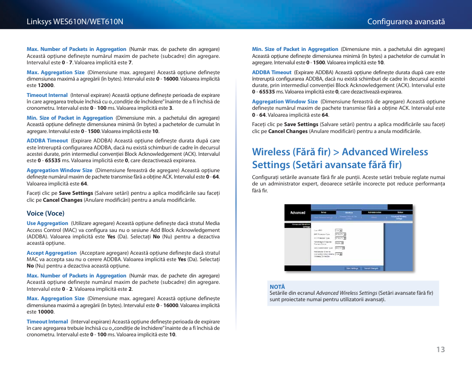 Wireless (fără fir) > advanced wireless settings, Setări avansate fără fir) 13 | Cisco WES610N User Manual | Page 392 / 546