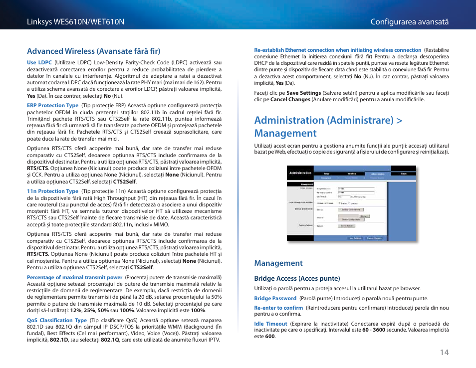 Advanced wireless (avansate fără fir), Administration (administrare) > management, Management | Administration (administrare) > management 14 | Cisco WES610N User Manual | Page 393 / 546