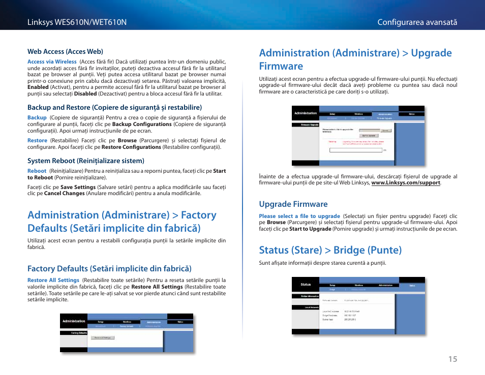 Factory defaults (setări implicite din fabrică), Administration (administrare) > upgrade firmware, Upgrade firmware | Status (stare) > bridge (punte), Administration (administrare) > factory defaults, Setări implicite din fabrică) 15, Status (stare) > bridge (punte) 15 | Cisco WES610N User Manual | Page 394 / 546