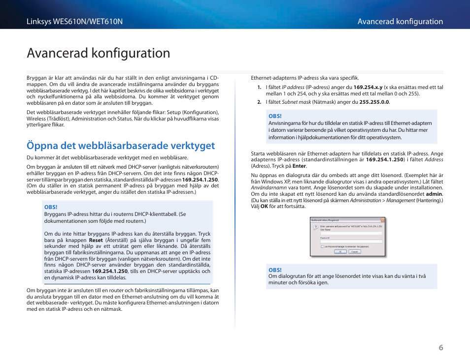 Avancerad konfiguration, Öppna det webbläsarbaserade verktyget | Cisco WES610N User Manual | Page 427 / 546