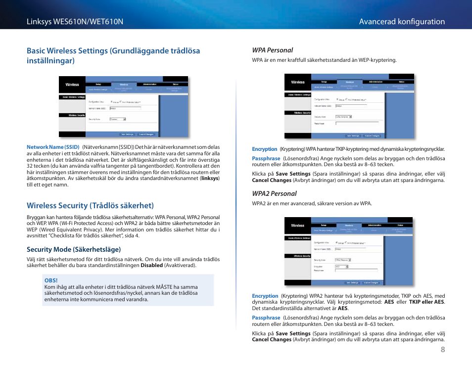 Wireless security (trådlös säkerhet) | Cisco WES610N User Manual | Page 429 / 546