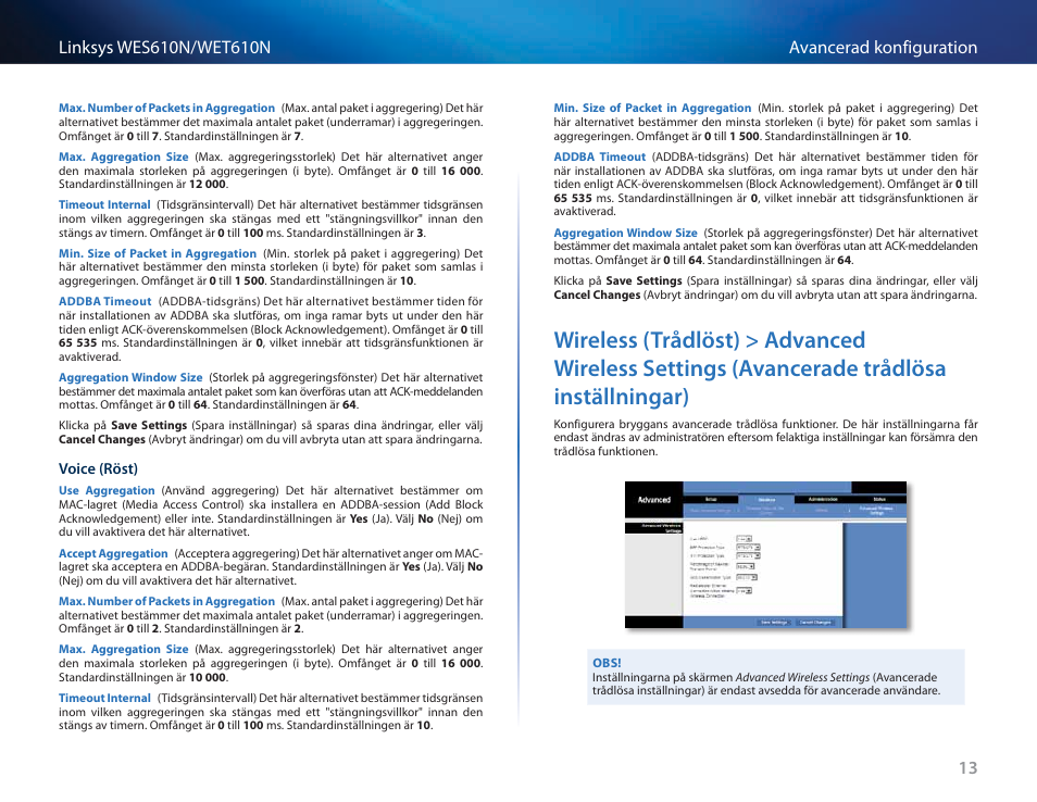 Wireless (trådlöst) > advanced wireless settings, Avancerade trådlösa inställningar) | Cisco WES610N User Manual | Page 434 / 546