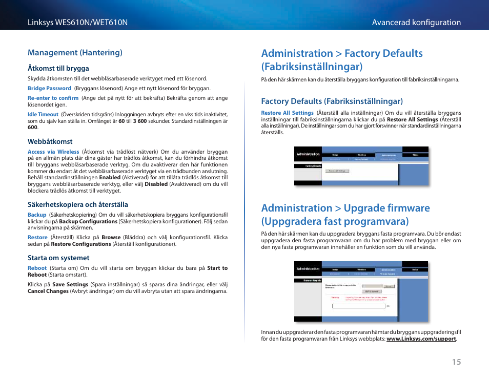 Management (hantering), Factory defaults (fabriksinställningar), Administration > upgrade firmware (uppgradera fast | Programvara) | Cisco WES610N User Manual | Page 436 / 546