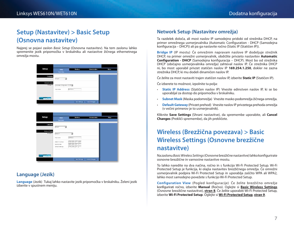 Language (jezik), Network setup (nastavitev omrežja), Osnovne brezžične nastavitve) | Cisco WES610N User Manual | Page 449 / 546