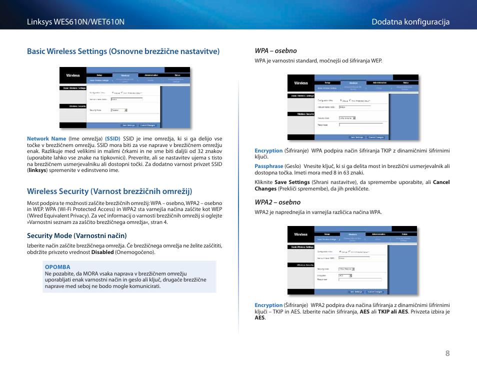 Wireless security (varnost brezžičnih omrežij) | Cisco WES610N User Manual | Page 450 / 546