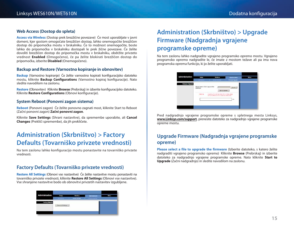 Factory defaults (tovarniško privzete vrednosti), Administration (skrbništvo) > factory defaults, Tovarniško privzete vrednosti) | Administration (skrbništvo) > upgrade firmware, Nadgradnja vgrajene programske opreme) | Cisco WES610N User Manual | Page 457 / 546
