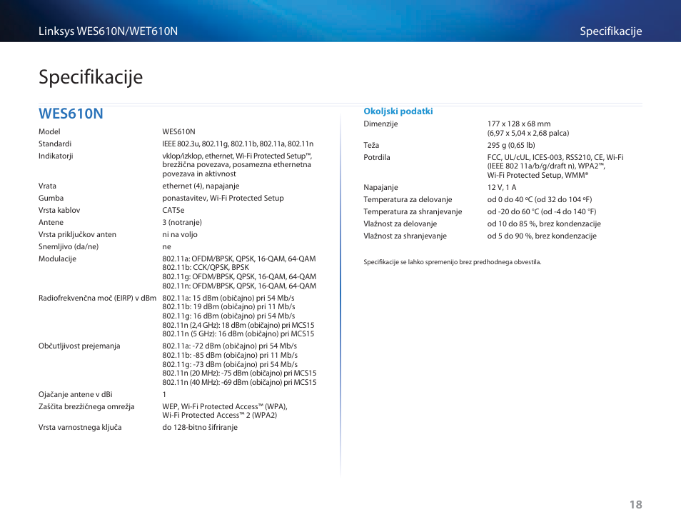 Specifikacije, Wes610n | Cisco WES610N User Manual | Page 460 / 546