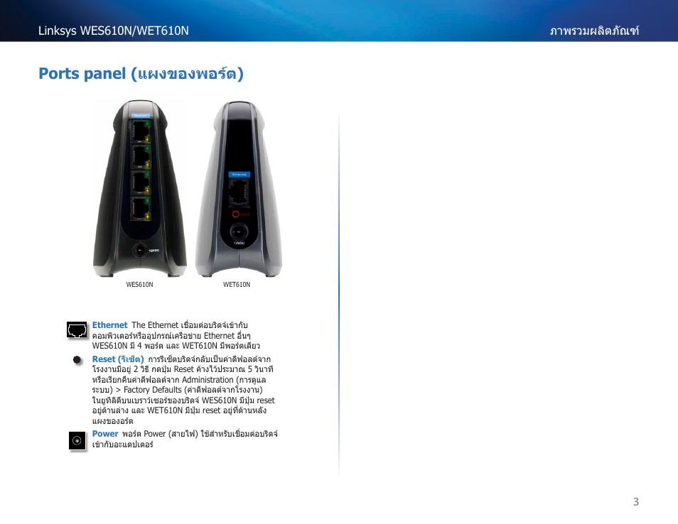 Ports panel (แผงของพอร์ต) | Cisco WES610N User Manual | Page 466 / 546