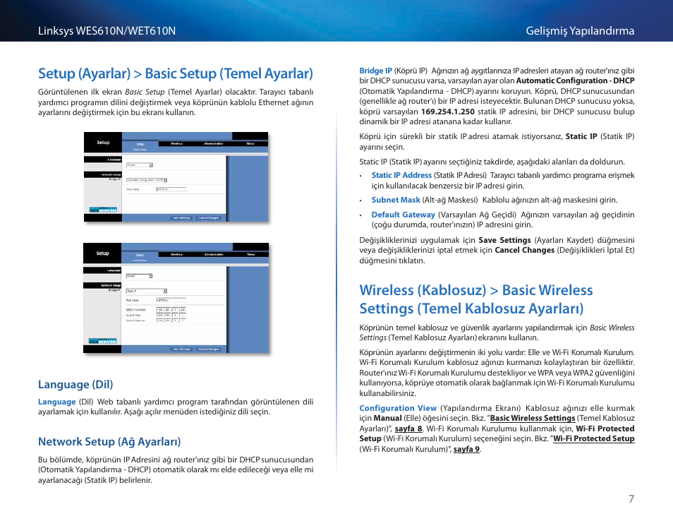 Setup (ayarlar) > basic setup (temel ayarlar), Language (dil), Network setup (ağ ayarları) | Ayarları) | Cisco WES610N User Manual | Page 491 / 546
