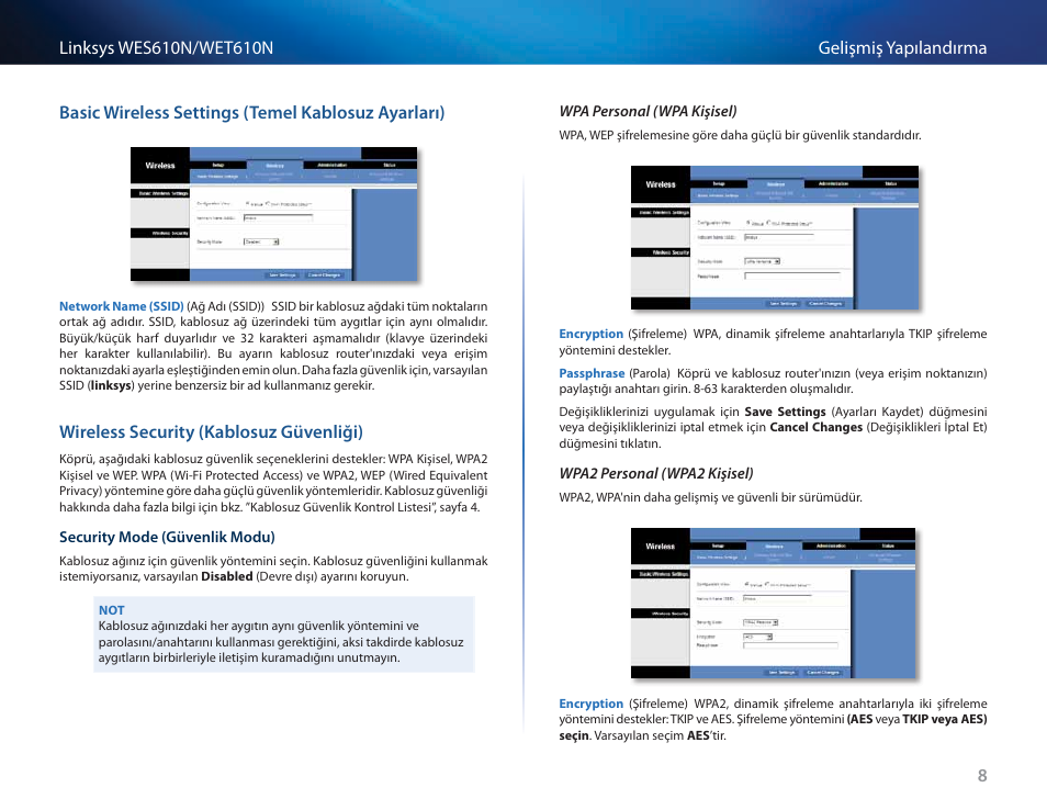 Basic wireless settings (temel kablosuz ayarları), Wireless security (kablosuz güvenliği) | Cisco WES610N User Manual | Page 492 / 546