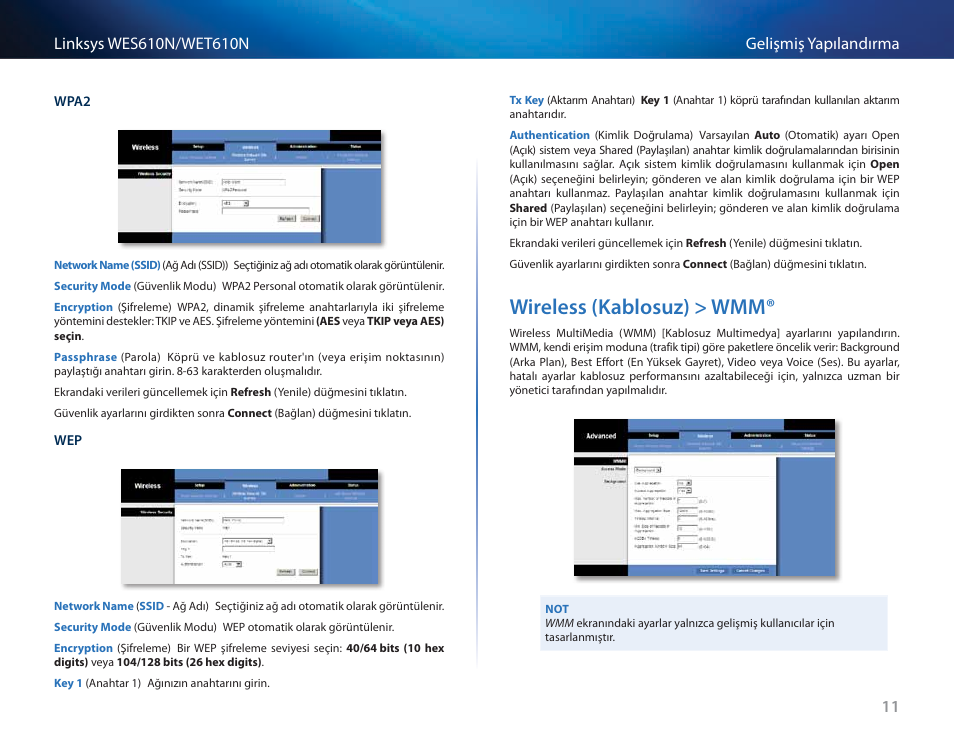 Wireless (kablosuz) > wmm | Cisco WES610N User Manual | Page 495 / 546