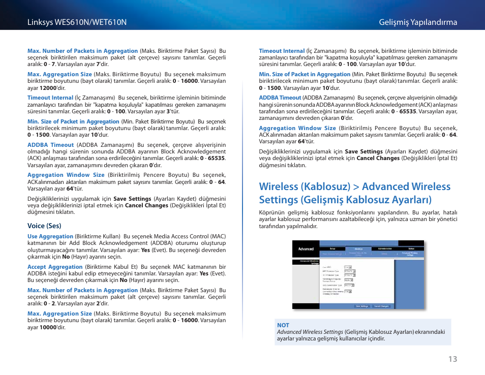 Wireless (kablosuz) > advanced wireless settings, Gelişmiş kablosuz ayarları) | Cisco WES610N User Manual | Page 497 / 546