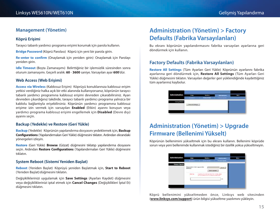 Management (yönetim), Factory defaults (fabrika varsayılanları), Administration (yönetim) > factory defaults | Fabrika varsayılanları), Administration (yönetim) > upgrade firmware, Bellenimi yükselt) | Cisco WES610N User Manual | Page 499 / 546