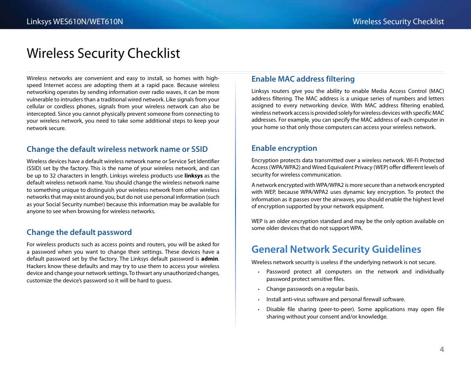 Wireless security checklist, Change the default wireless network name or ssid, Change the default password | Enable mac address filtering, Enable encryption, General network security guidelines, General network security guidelines 4 | Cisco WES610N User Manual | Page 5 / 546