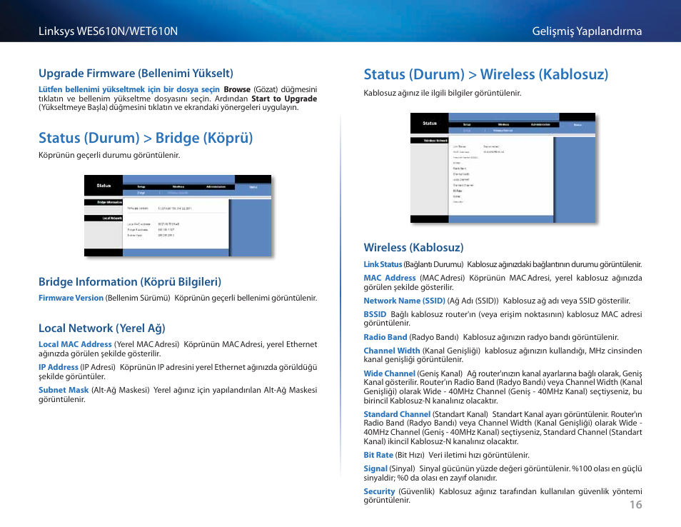 Upgrade firmware (bellenimi yükselt), Status (durum) > bridge (köprü), Bridge information (köprü bilgileri) | Local network (yerel ağ), Status (durum) > wireless (kablosuz), Wireless (kablosuz) | Cisco WES610N User Manual | Page 500 / 546
