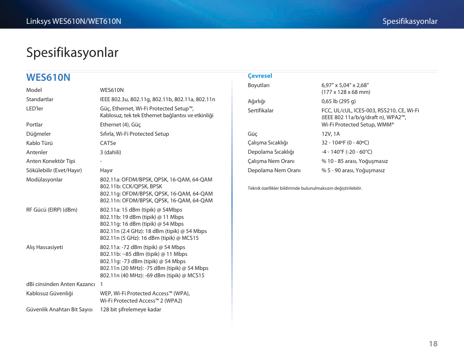 Spesifikasyonlar, Wes610n | Cisco WES610N User Manual | Page 502 / 546
