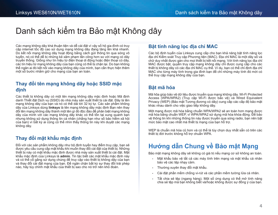 Danh sách kiểm tra bảo mật không dây, Thay đổi tên mạng không dây hoặc ssid mặc định, Thay đổi mật khẩu mặc định | Bật tính năng lọc địa chỉ mac, Bật mã hóa, Hướng dẫn chung về bảo mật mạng, Danh sách kiểm tra bảo mật không, Danh sách kiểm tra bảo mật không dвy | Cisco WES610N User Manual | Page 530 / 546