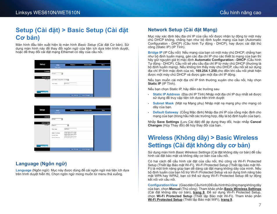 Setup (cài đặt) > basic setup (cài đặt cơ bản), Language (ngôn ngữ), Network setup (cài đặt mạng) | Wireless (không dây) > basic wireless settings, Cài đặt không dây cơ bản) | Cisco WES610N User Manual | Page 533 / 546
