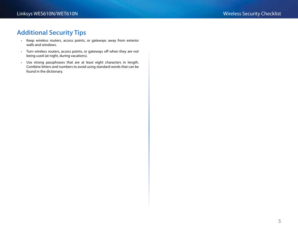 Additional security tips, Additional security tips 5 | Cisco WES610N User Manual | Page 6 / 546