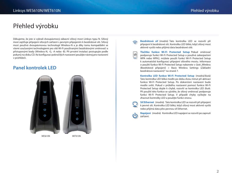 Přehled výrobku, Panel kontrolek led | Cisco WES610N User Manual | Page 66 / 546