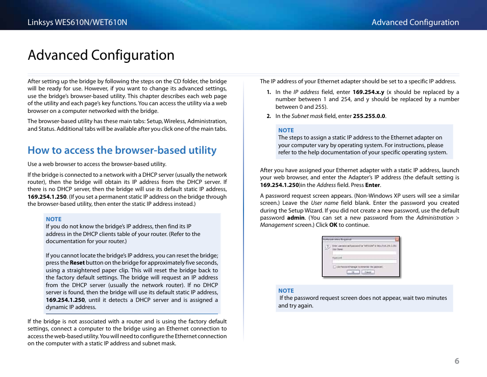 Advanced configuration, How to access the browser-based utility, How to access the browser-based utility 6 | Cisco WES610N User Manual | Page 7 / 546