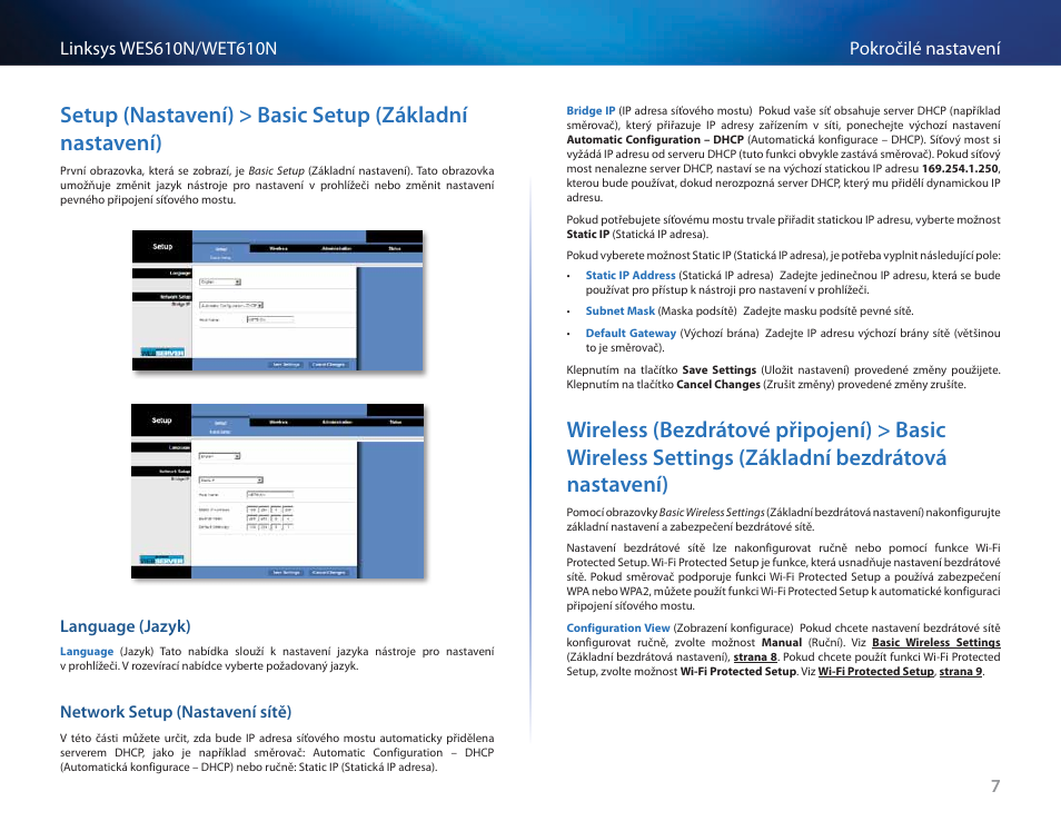 Language (jazyk), Network setup (nastavení sítě), Základní bezdrátová nastavení) | Cisco WES610N User Manual | Page 71 / 546