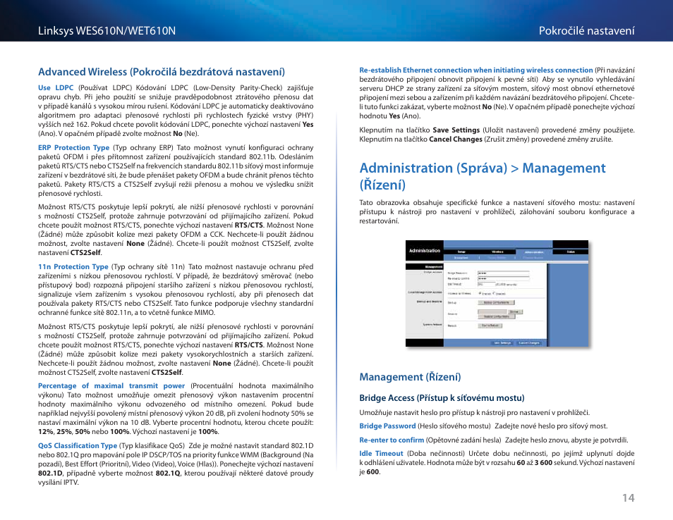 Advanced wireless (pokročilá bezdrátová nastavení), Administration (správa) > management (řízení), Management (řízení) | Cisco WES610N User Manual | Page 78 / 546