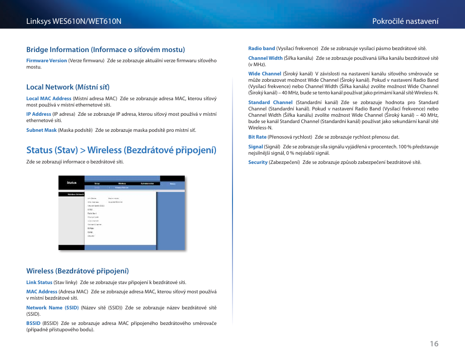Bridge information (informace o síťovém mostu), Local network (místní síť), Status (stav) > wireless (bezdrátové připojení) | Wireless (bezdrátové připojení) | Cisco WES610N User Manual | Page 80 / 546
