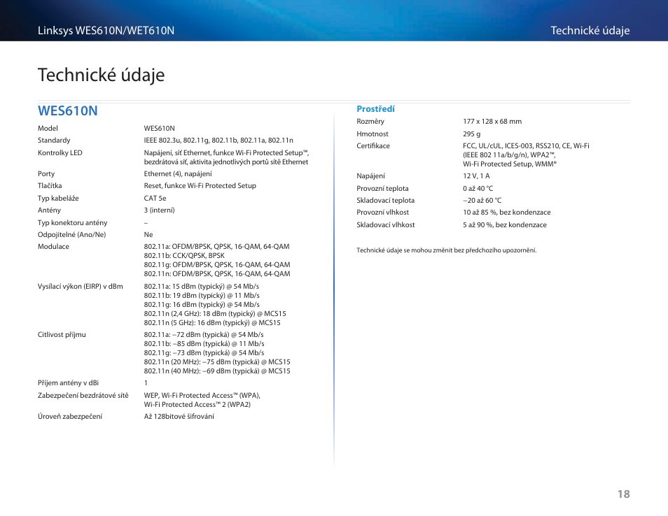 Technické údaje, Wes610n | Cisco WES610N User Manual | Page 82 / 546