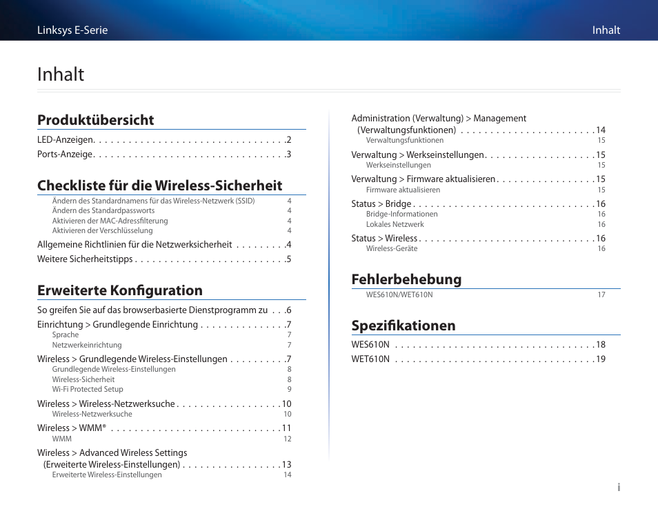 Inhalt, Produktübersicht, Checkliste für die wireless-sicherheit | Erweiterte konfiguration, Fehlerbehebung, Spezifikationen | Cisco WES610N User Manual | Page 86 / 546