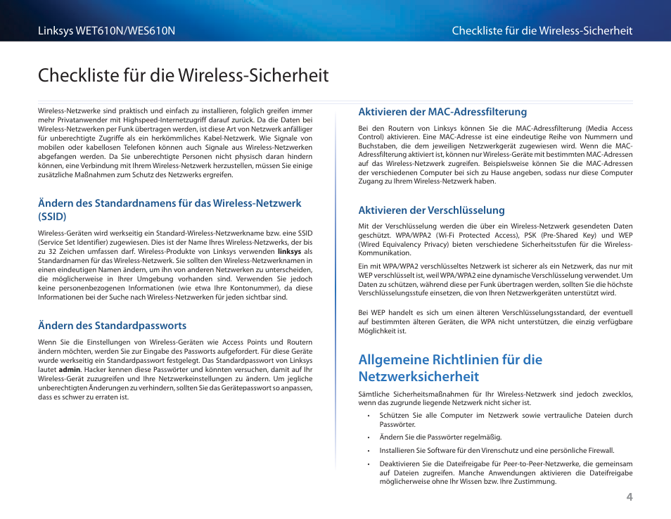 Checkliste für die wireless-sicherheit, Ändern des standardpassworts, Aktivieren der mac-adressfilterung | Aktivieren der verschlüsselung, Allgemeine richtlinien für die netzwerksicherheit | Cisco WES610N User Manual | Page 89 / 546