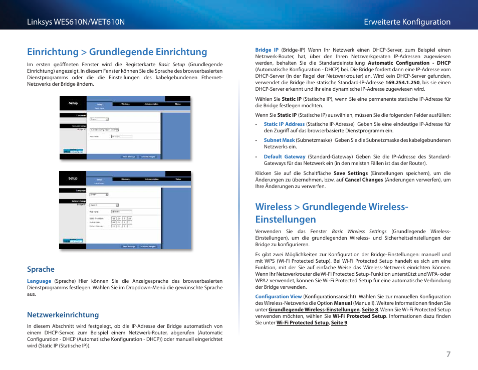 Einrichtung > grundlegende einrichtung, Sprache, Netzwerkeinrichtung | Wireless > grundlegende wireless-einstellungen, Wireless > grundlegende wireless- einstellungen | Cisco WES610N User Manual | Page 92 / 546