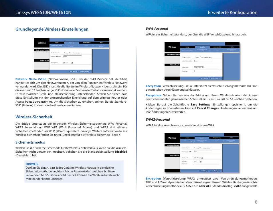 Grundlegende wireless-einstellungen, Wireless-sicherheit | Cisco WES610N User Manual | Page 93 / 546