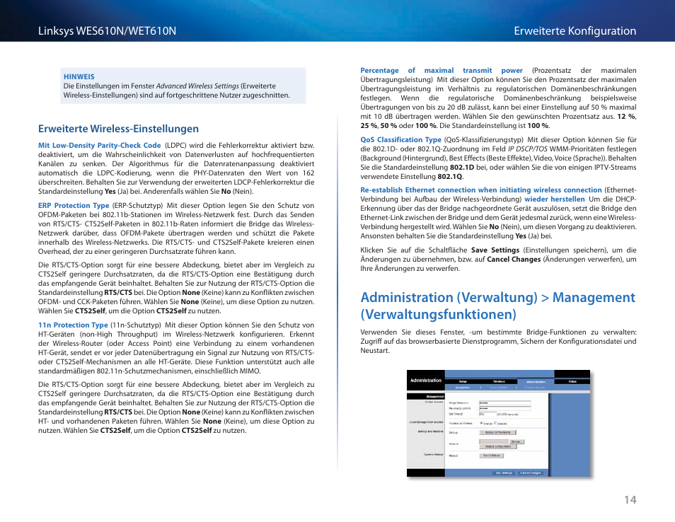 Erweiterte wireless-einstellungen, Administration (verwaltung) > management, Verwaltungsfunktionen) | Cisco WES610N User Manual | Page 99 / 546
