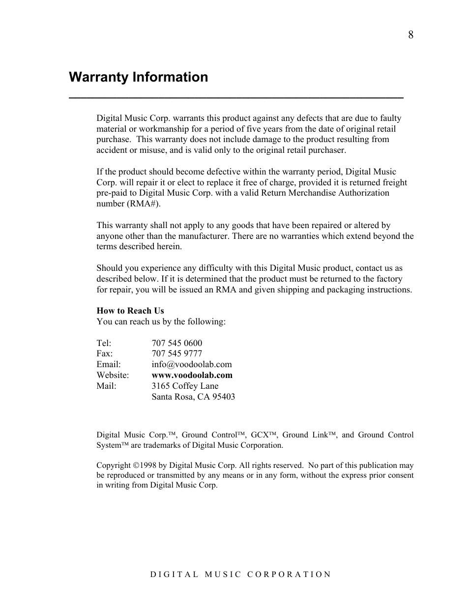 Warranty information | Voodoo Lab Ground Link User Manual | Page 9 / 9