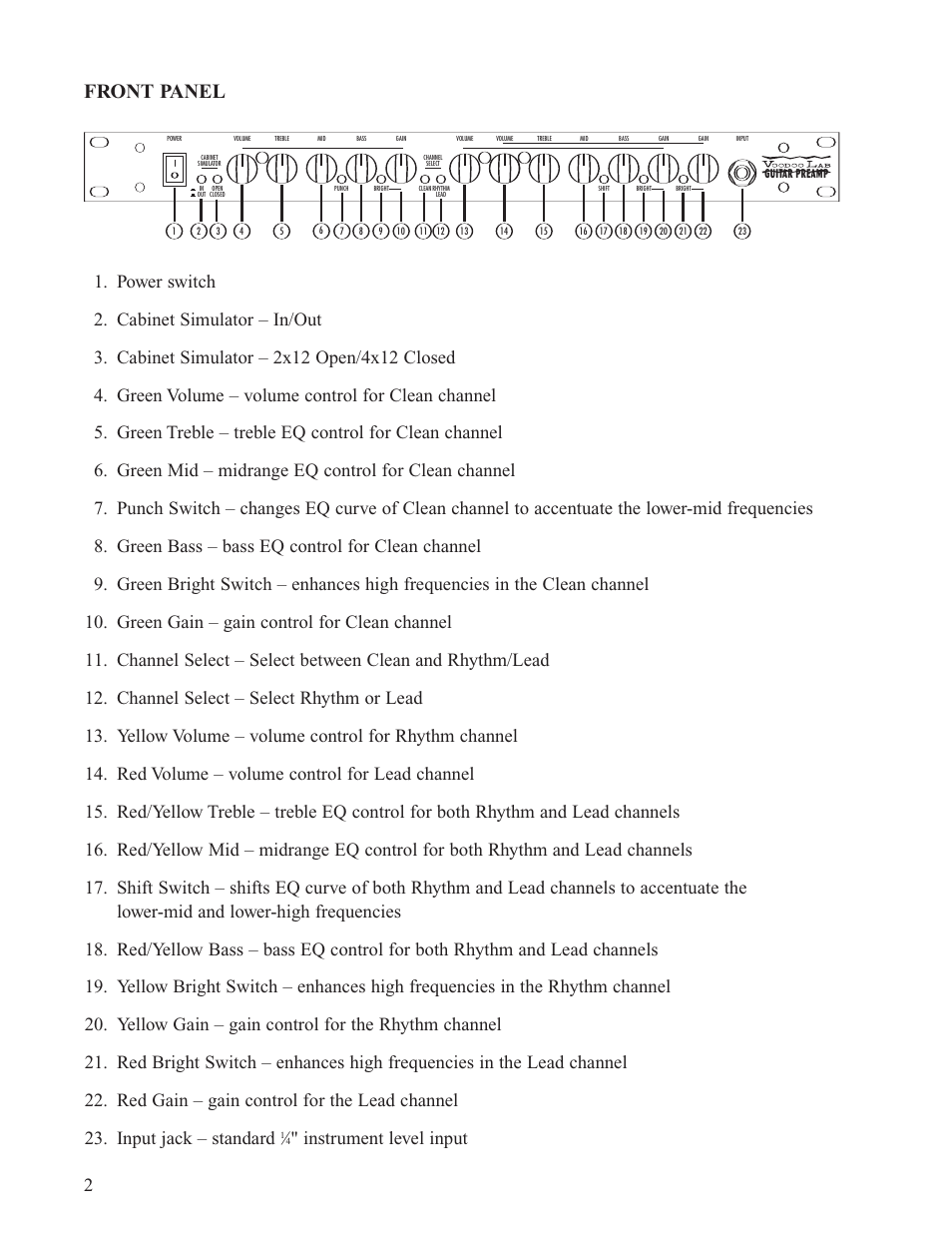 Front panel, Instrument level input | Voodoo Lab Guitar Preamp User Manual | Page 3 / 9