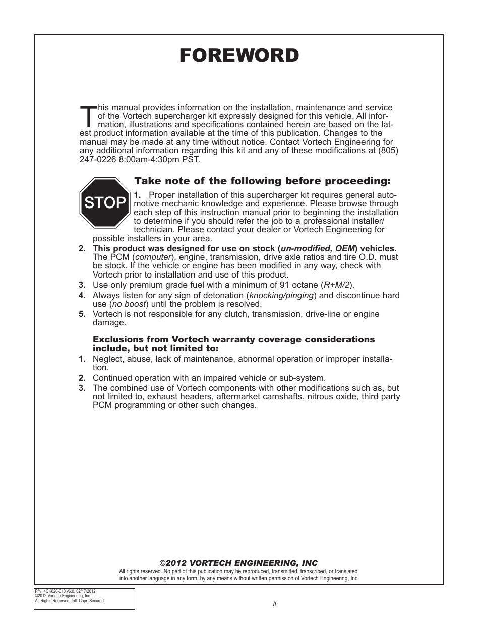 Foreword, Stop | Vortech 2006-2010 6.1L Jeep SRT8 User Manual | Page 2 / 53