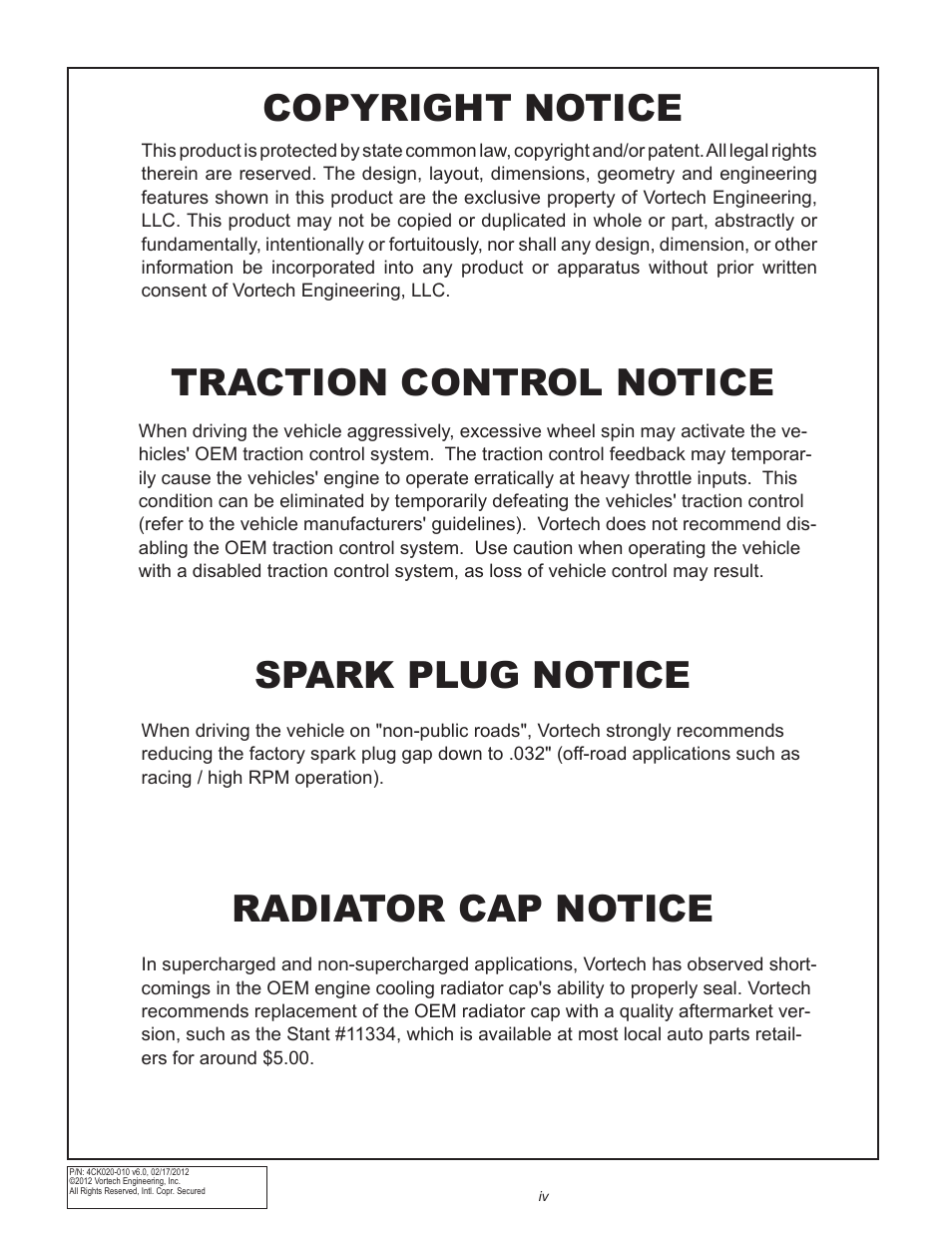 Copyright notice, Traction control notice, Spark plug notice | Radiator cap notice | Vortech 2006-2010 6.1L Jeep SRT8 User Manual | Page 4 / 53