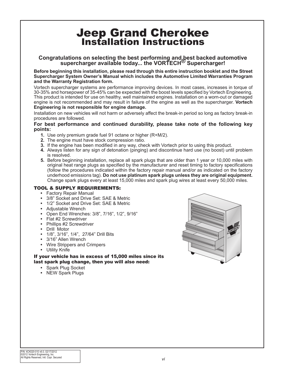 Jeep grand cherokee, Installation instructions | Vortech 2006-2010 6.1L Jeep SRT8 User Manual | Page 6 / 53