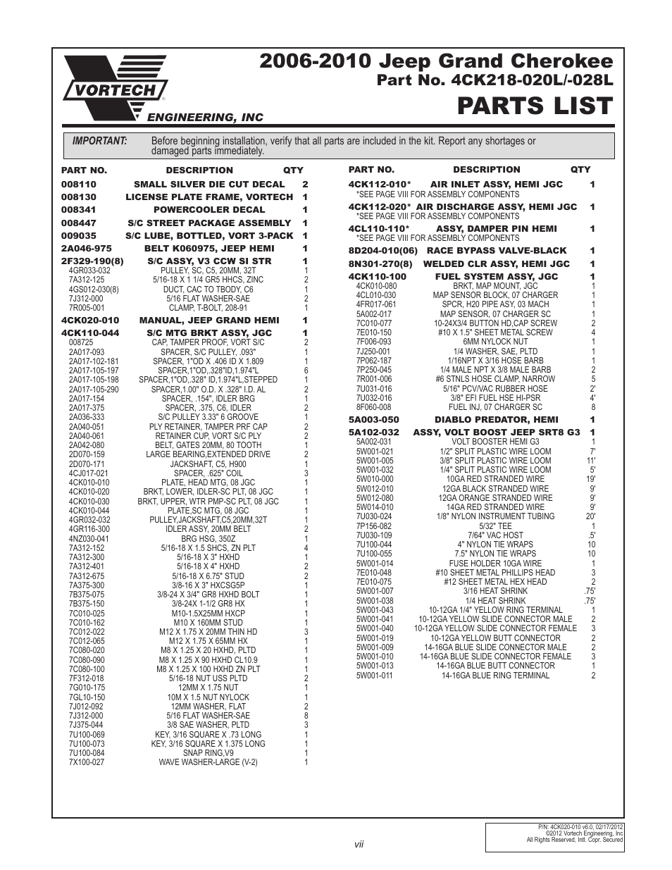 Parts list | Vortech 2006-2010 6.1L Jeep SRT8 User Manual | Page 7 / 53