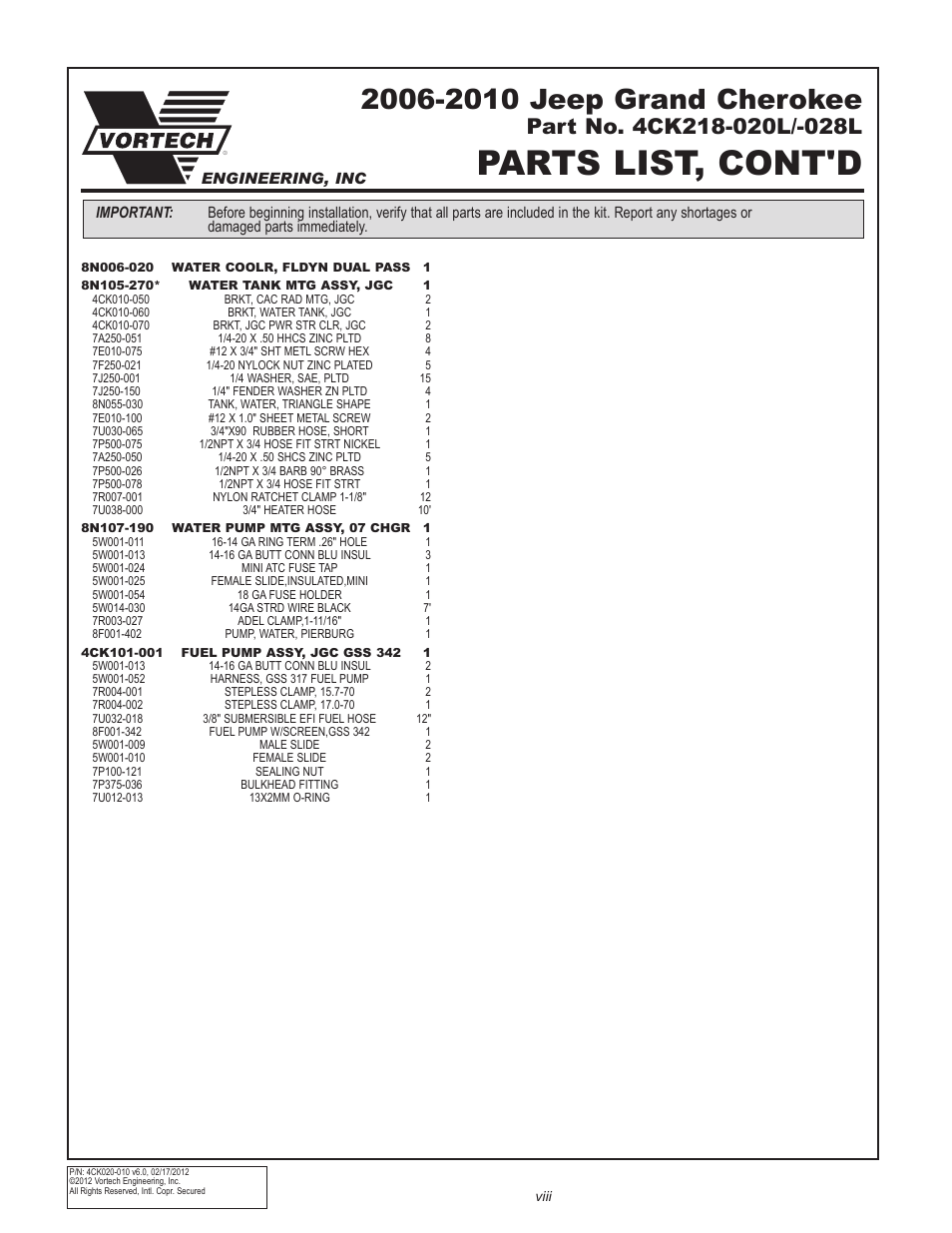 Parts list, cont'd | Vortech 2006-2010 6.1L Jeep SRT8 User Manual | Page 8 / 53
